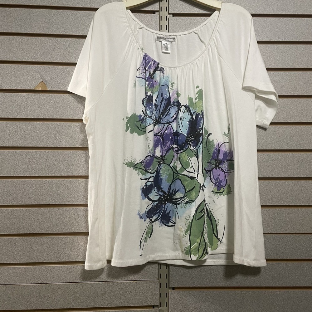 Rebecca Malone 1X Short Sleeve Flowers Rhinestones‎ Blouse Shirt Business Casual